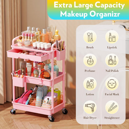Makeup Cart Organizer with Drawer, 3 Tier Rolling Makeup Cart, Pink