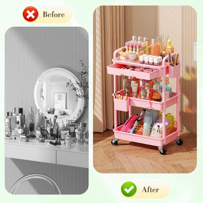 Makeup Cart Organizer with Drawer, 3 Tier Rolling Makeup Cart, Pink