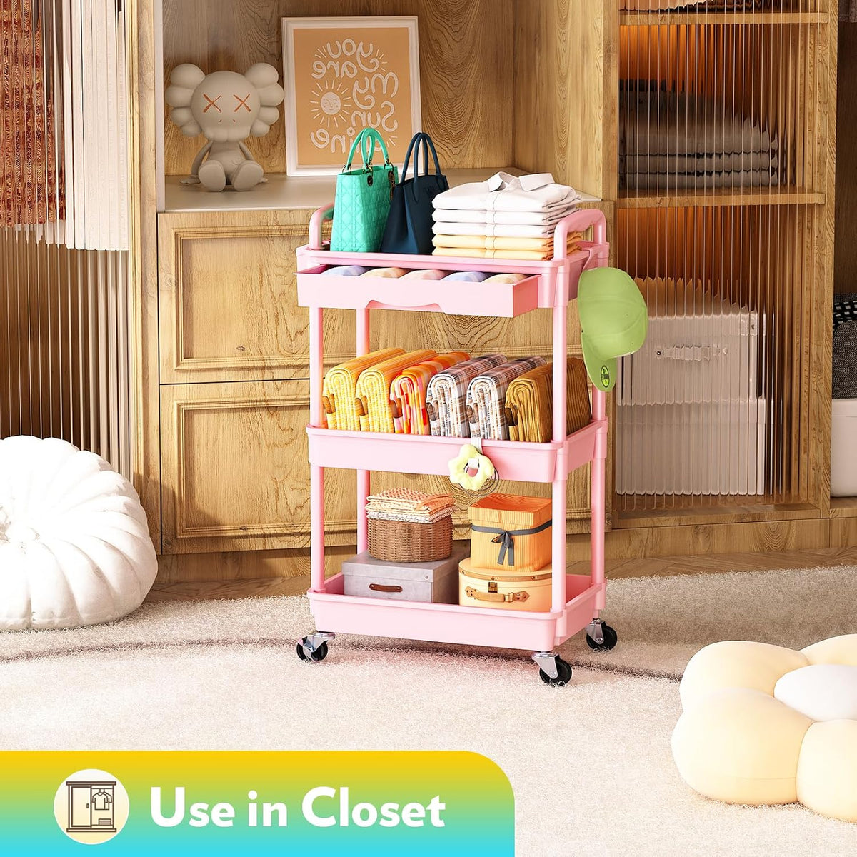 Makeup Cart Organizer with Drawer, 3 Tier Rolling Makeup Cart, Pink