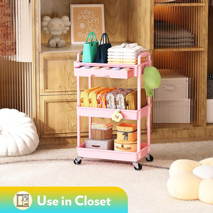 Makeup Cart Organizer with Drawer, 3 Tier Rolling Makeup Cart, Pink
