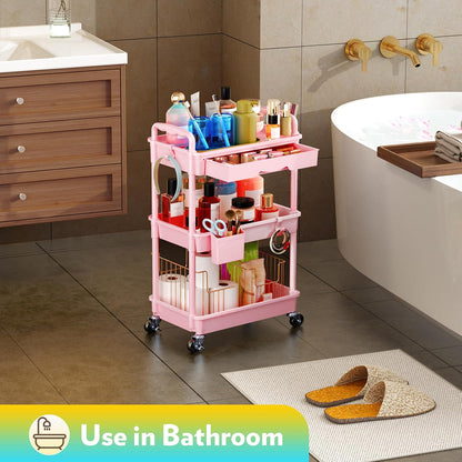 Makeup Cart Organizer with Drawer, 3 Tier Rolling Makeup Cart, Pink