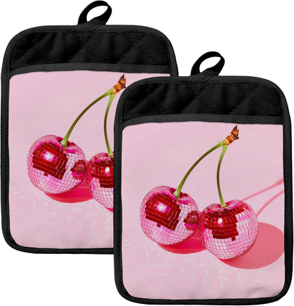 Trendy Pink Disco Ball Cherry Oven Mitts Set, Cherry Gifts for Women, Pink Heat Resistant Kitchen Oven Gloves for Baking and Cooking,Pot Holders