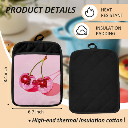 Trendy Pink Disco Ball Cherry Oven Mitts Set, Cherry Gifts for Women, Pink Heat Resistant Kitchen Oven Gloves for Baking and Cooking,Pot Holders