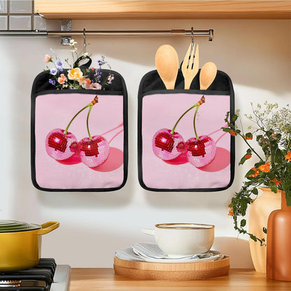 Trendy Pink Disco Ball Cherry Oven Mitts Set, Cherry Gifts for Women, Pink Heat Resistant Kitchen Oven Gloves for Baking and Cooking,Pot Holders