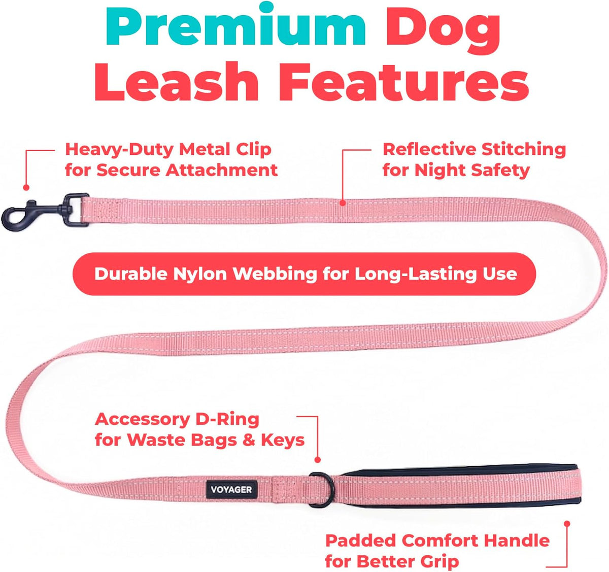Best Pet Supplies Voyager Nylon Dog Leash - Pink, Small