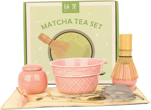 Sakura Pink Matcha Whisk Set-8pcs,Japanese Tea Set Includes Matcha Bowl with Ice Cream Design, Tea Mat and Matcha Canister, 16OZ Matcha Kit for Ceremony