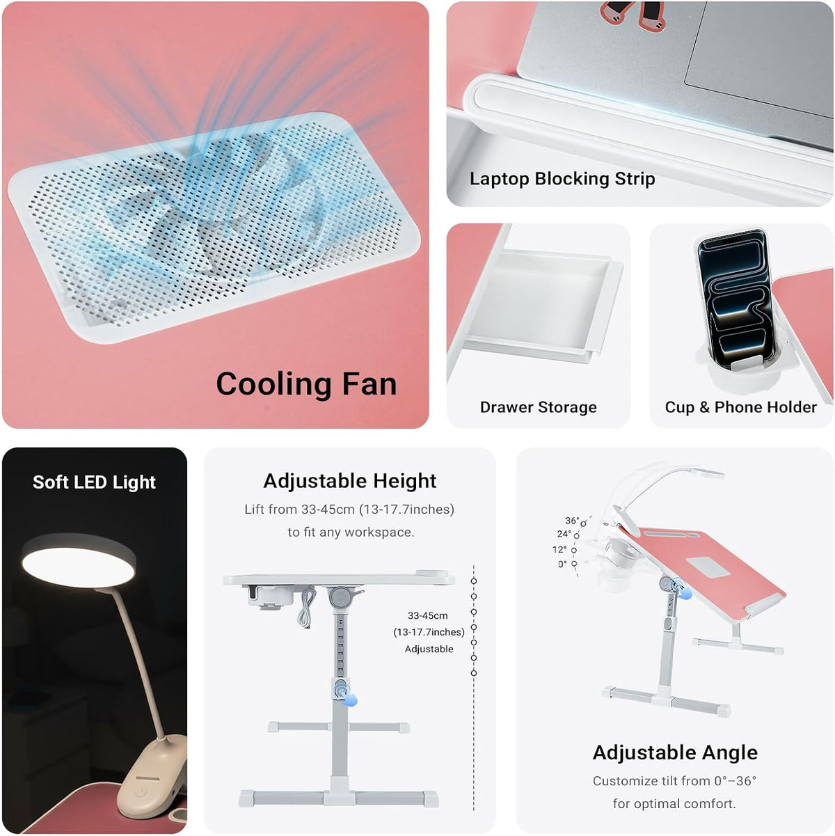 Adjustable Laptop Lap Desk with Cooling Fan USB Light for Adults