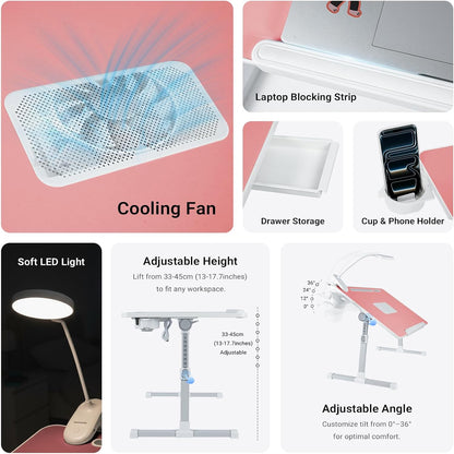 Adjustable Laptop Lap Desk with Cooling Fan USB Light for Adults