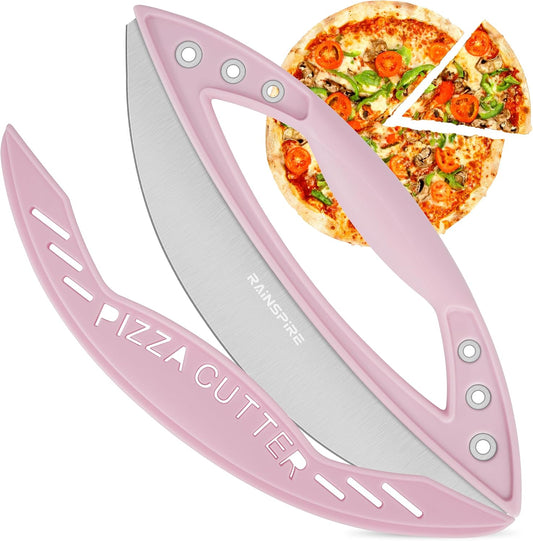 12" Pizza Cutter Rocker Blade Stainless Steel Pizza Rocker with Cover Sharp Blade Pizza Knife Dishwasher Safe Kitchen Gadgets Home Essentials, Pink