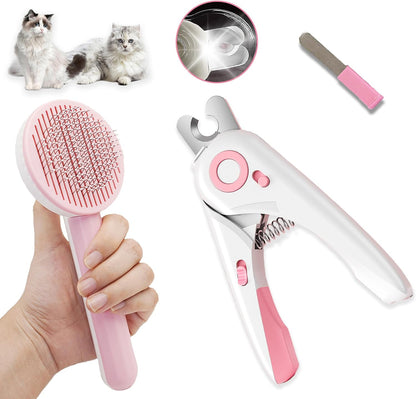 Self Cleaning Cat Brush for Shedding, LED Light Nail Clipper and Nail File