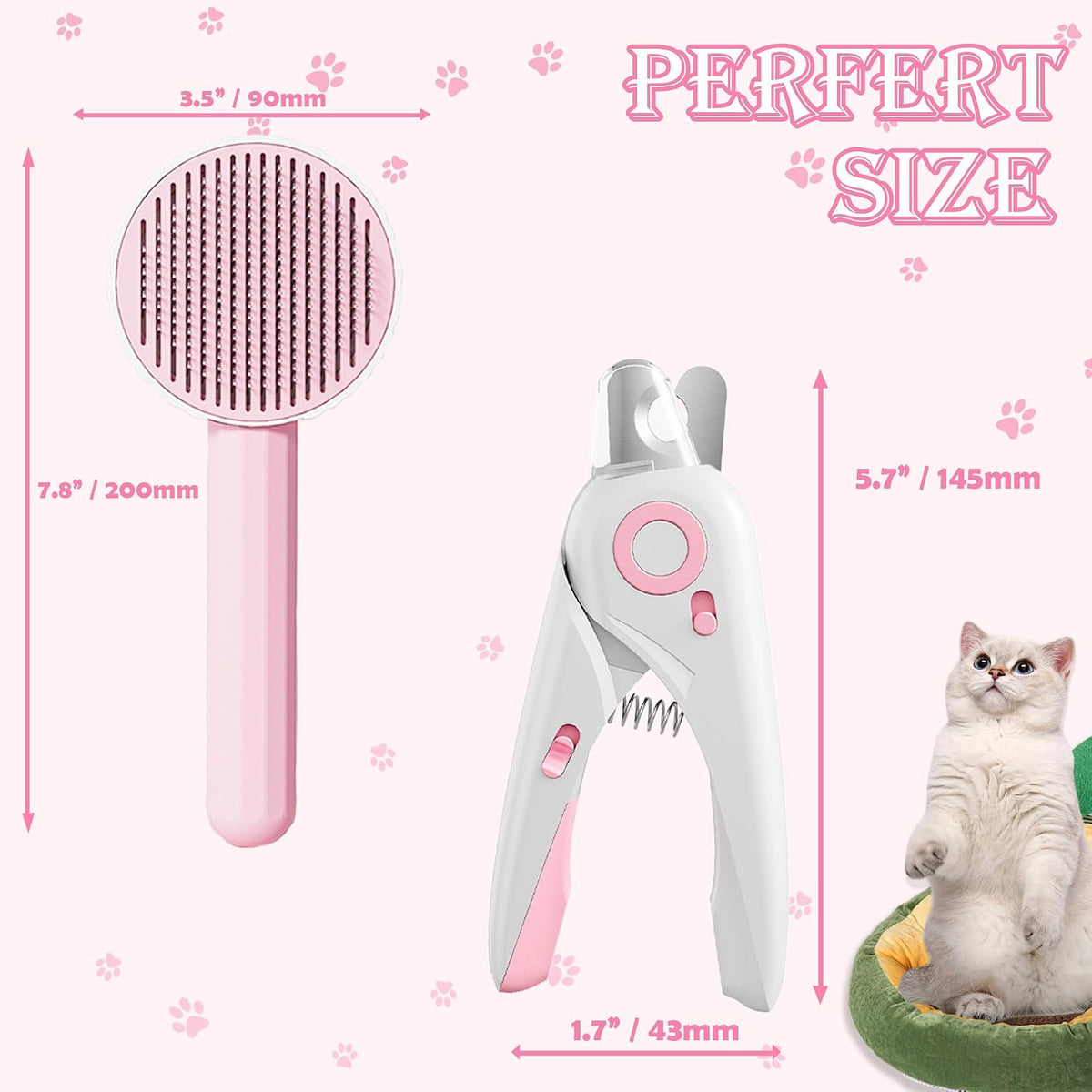 Self Cleaning Cat Brush for Shedding, LED Light Nail Clipper and Nail File