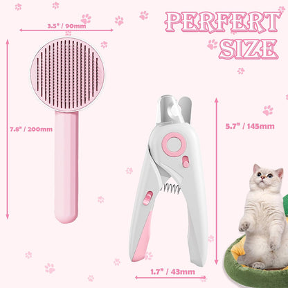 Self Cleaning Cat Brush for Shedding, LED Light Nail Clipper and Nail File