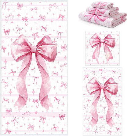 Set of 3 Pink Bow Bath Towels, Decorative Towels for Bathroom