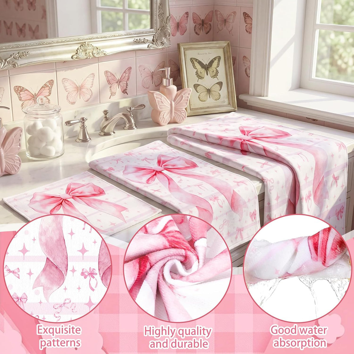 Set of 3 Pink Bow Bath Towels, Decorative Towels for Bathroom