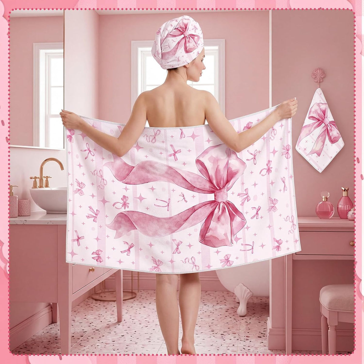 Set of 3 Pink Bow Bath Towels, Decorative Towels for Bathroom