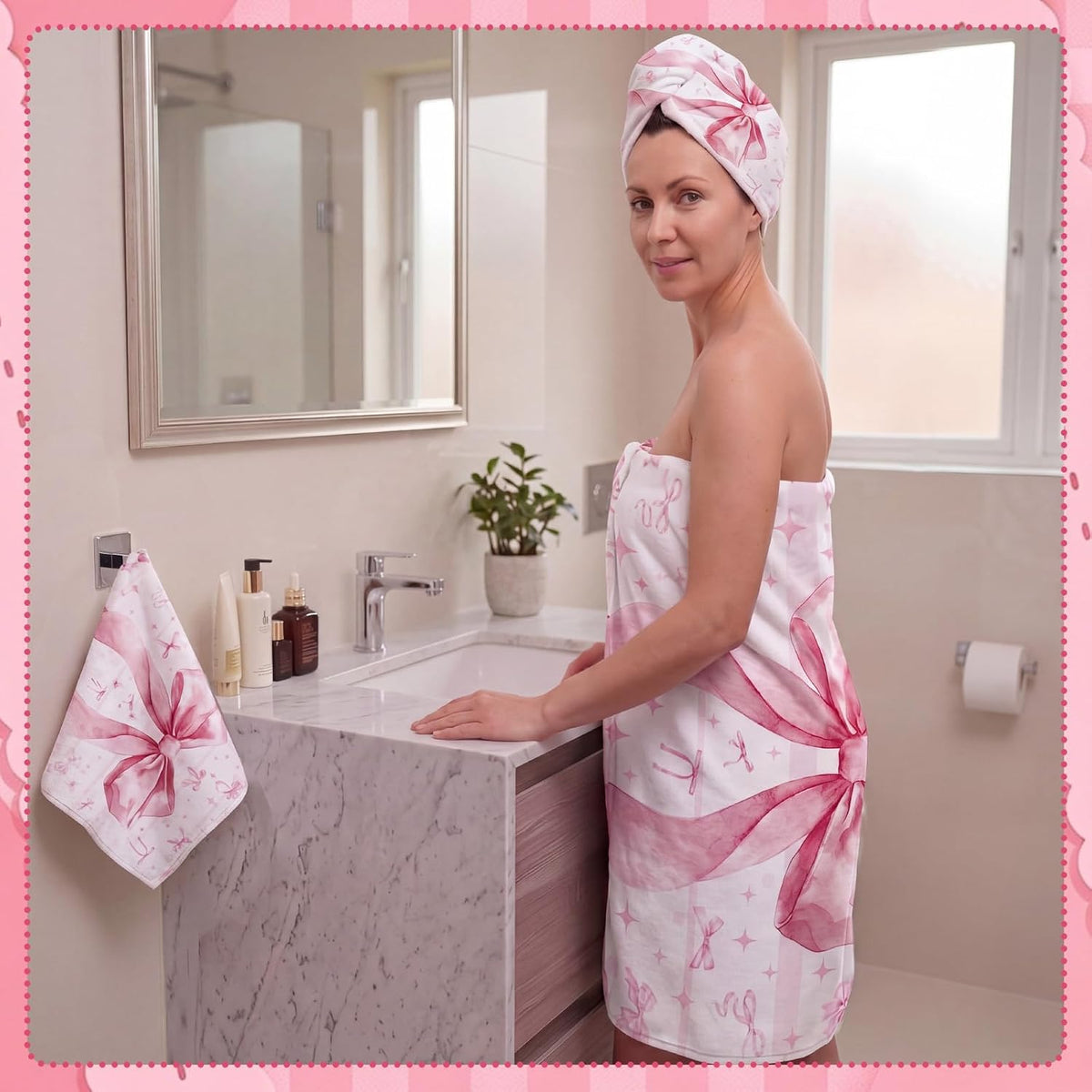 Set of 3 Pink Bow Bath Towels, Decorative Towels for Bathroom