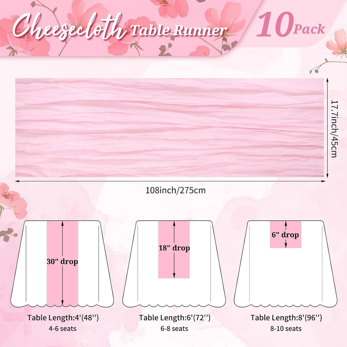 Cheesecloth Table Runner Light Pink, 10 Pack 17.7x108 inch, Long