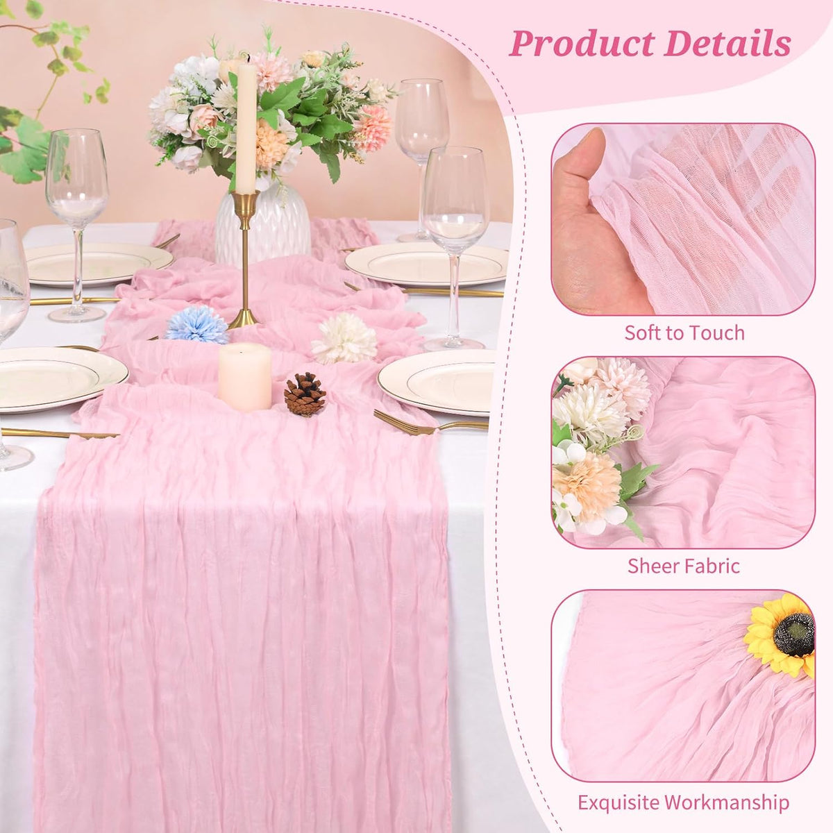 Cheesecloth Table Runner Light Pink, 10 Pack 17.7x108 inch, Long