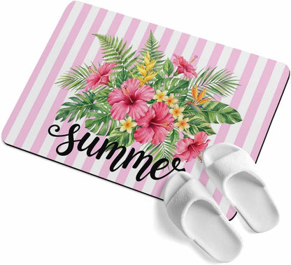 Bath Mat Absorbent Bathroom Rug,Summer Tropical Plants Flowers Non Slip Quick Dry Bath Rugs Diatomite Stone Shower Mat,Pink Floral Striped Washable Doormat Kitchen Mats