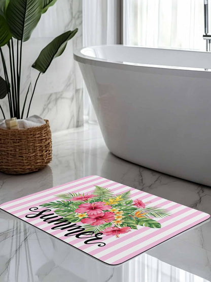 Bath Mat Absorbent Bathroom Rug,Summer Tropical Plants Flowers Non Slip Quick Dry Bath Rugs Diatomite Stone Shower Mat,Pink Floral Striped Washable Doormat Kitchen Mats