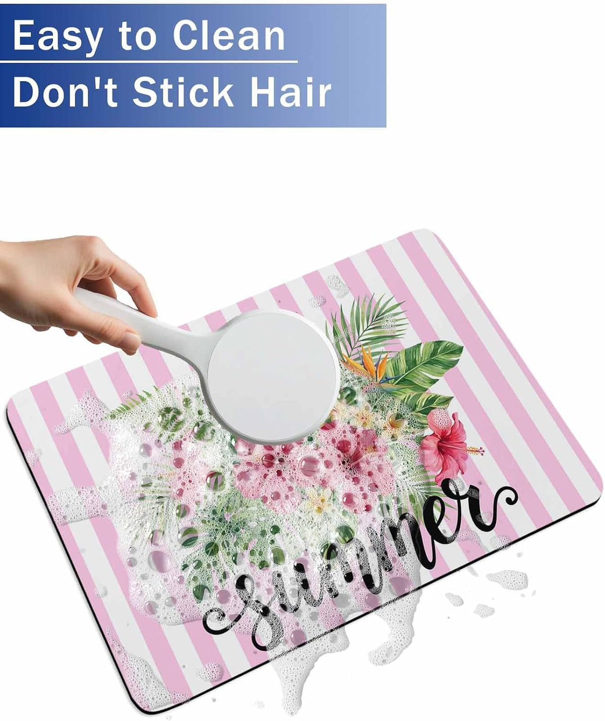 Bath Mat Absorbent Bathroom Rug,Summer Tropical Plants Flowers Non Slip Quick Dry Bath Rugs Diatomite Stone Shower Mat,Pink Floral Striped Washable Doormat Kitchen Mats