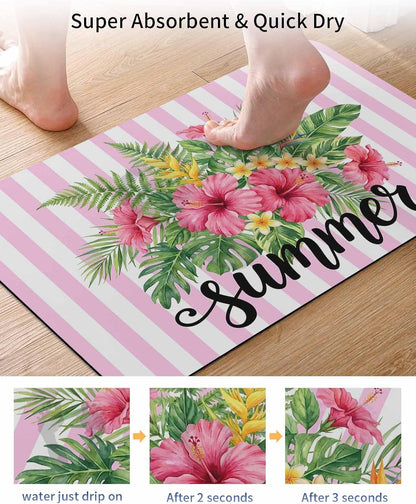Bath Mat Absorbent Bathroom Rug,Summer Tropical Plants Flowers Non Slip Quick Dry Bath Rugs Diatomite Stone Shower Mat,Pink Floral Striped Washable Doormat Kitchen Mats
