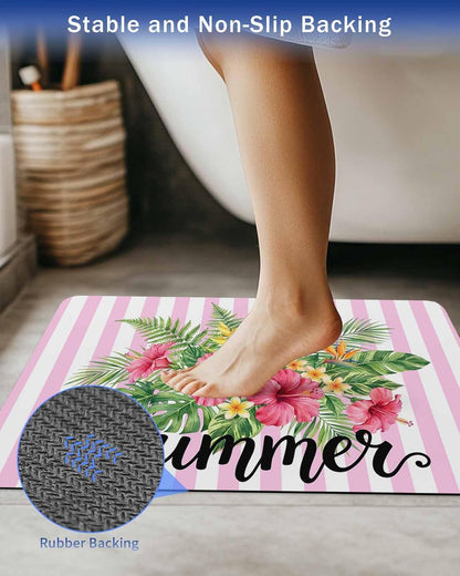 Bath Mat Absorbent Bathroom Rug,Summer Tropical Plants Flowers Non Slip Quick Dry Bath Rugs Diatomite Stone Shower Mat,Pink Floral Striped Washable Doormat Kitchen Mats
