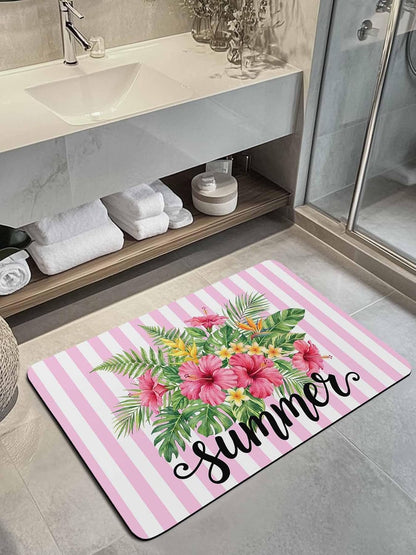 Bath Mat Absorbent Bathroom Rug,Summer Tropical Plants Flowers Non Slip Quick Dry Bath Rugs Diatomite Stone Shower Mat,Pink Floral Striped Washable Doormat Kitchen Mats