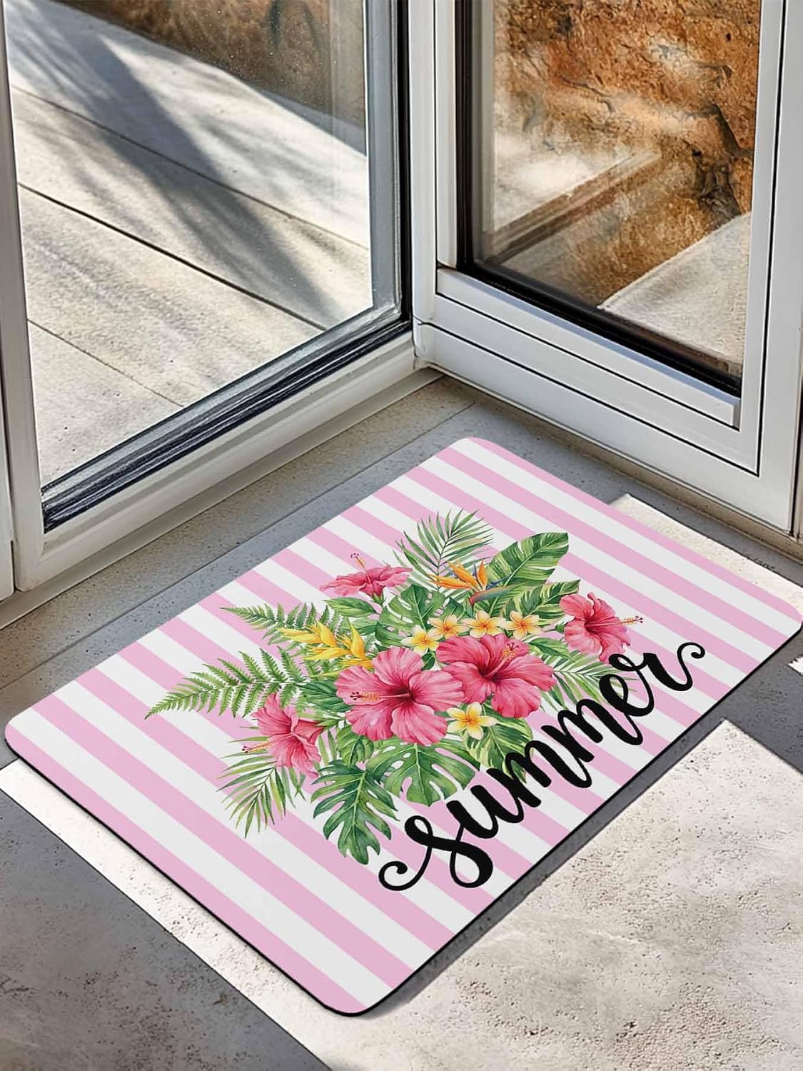 Bath Mat Absorbent Bathroom Rug,Summer Tropical Plants Flowers Non Slip Quick Dry Bath Rugs Diatomite Stone Shower Mat,Pink Floral Striped Washable Doormat Kitchen Mats