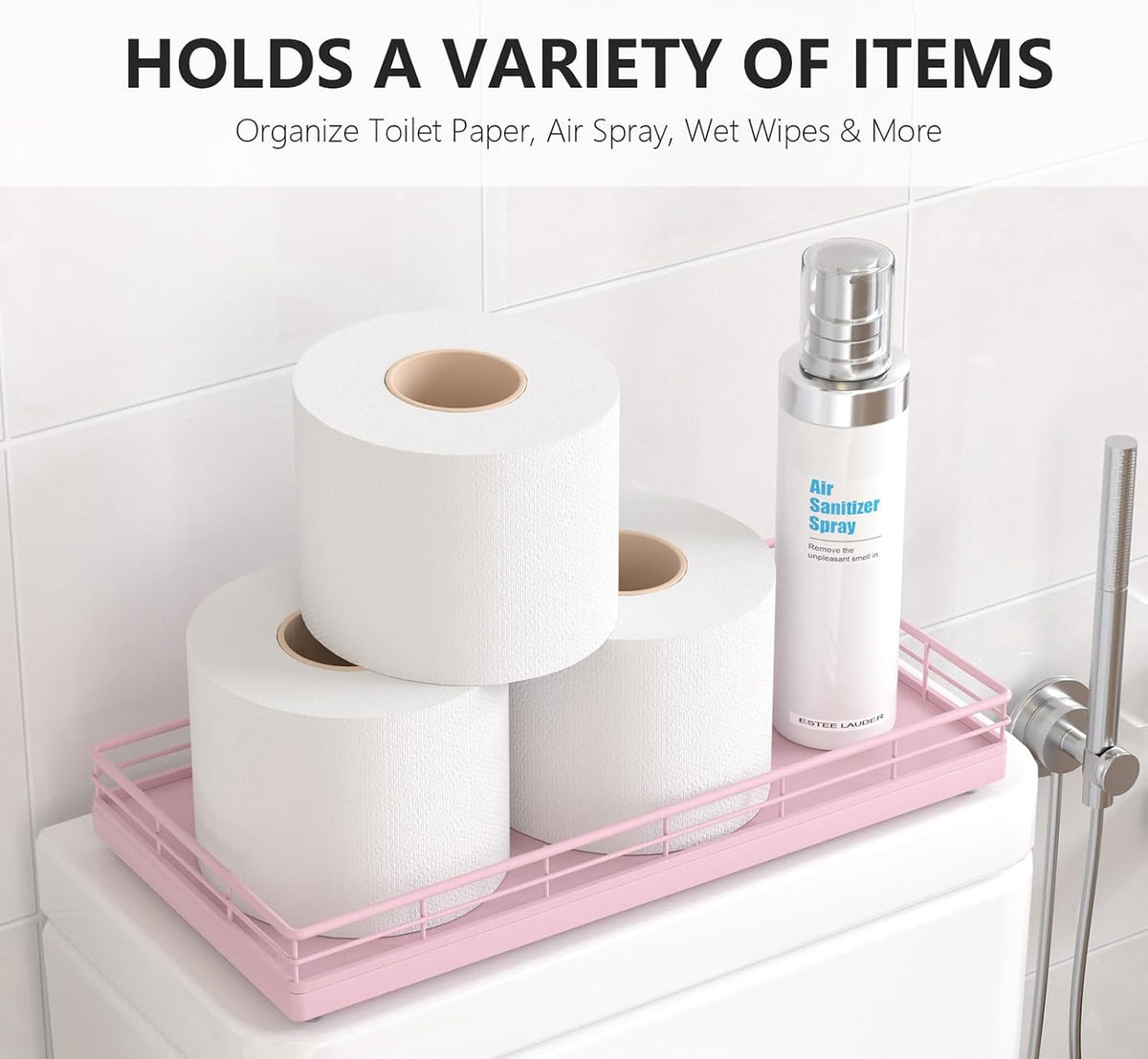 Toilet Paper Basket Organizer, Oak Wood Toilet Tank Tray with Metal Frame