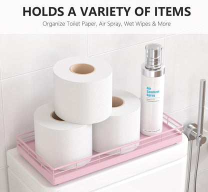 Toilet Paper Basket Organizer, Oak Wood Toilet Tank Tray with Metal Frame