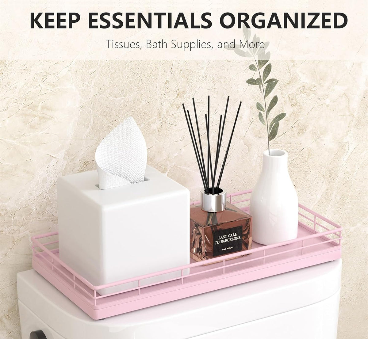 Toilet Paper Basket Organizer, Oak Wood Toilet Tank Tray with Metal Frame