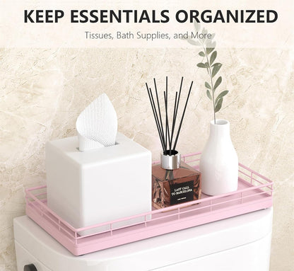 Toilet Paper Basket Organizer, Oak Wood Toilet Tank Tray with Metal Frame