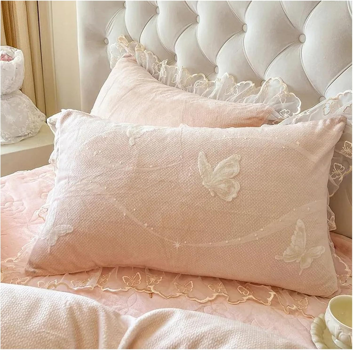 Lace Ruffle Pillow Case, Butterfly Print Velvet Pillow Covers Shams, Ruffled Bedding Pillowcase for Couch Bed Decoration, Set of 2 Standard Size 29" x 19" (Light Pink)