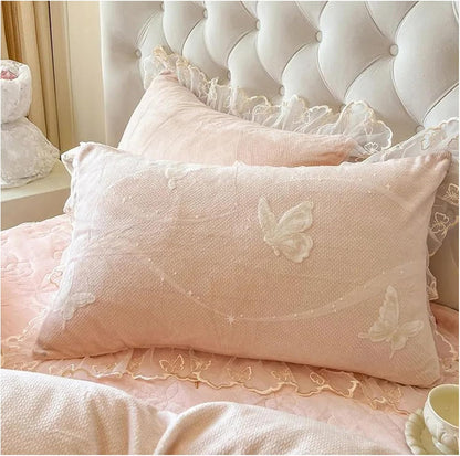 Lace Ruffle Pillow Case, Butterfly Print Velvet Pillow Covers Shams, Ruffled Bedding Pillowcase for Couch Bed Decoration, Set of 2 Standard Size 29" x 19" (Light Pink)