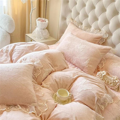 Lace Ruffle Pillow Case, Butterfly Print Velvet Pillow Covers Shams, Ruffled Bedding Pillowcase for Couch Bed Decoration, Set of 2 Standard Size 29" x 19" (Light Pink)