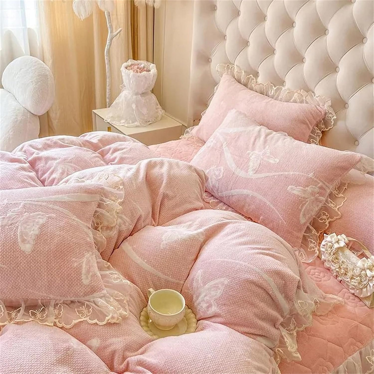 Lace Ruffle Pillow Case, Butterfly Print Velvet Pillow Covers Shams, Ruffled Bedding Pillowcase for Couch Bed Decoration, Set of 2 Standard Size 29" x 19" (Light Pink)