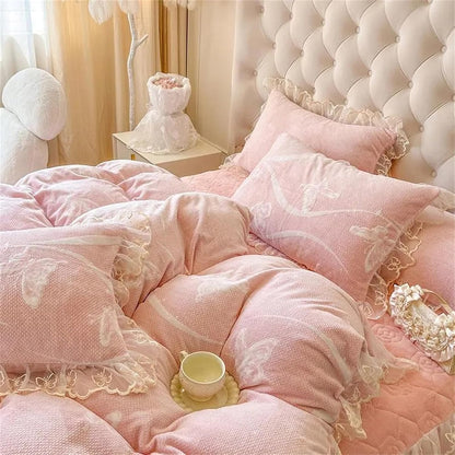 Lace Ruffle Pillow Case, Butterfly Print Velvet Pillow Covers Shams, Ruffled Bedding Pillowcase for Couch Bed Decoration, Set of 2 Standard Size 29" x 19" (Light Pink)
