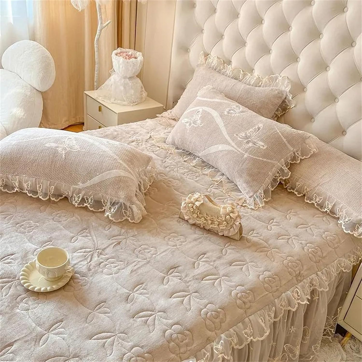Lace Ruffle Pillow Case, Butterfly Print Velvet Pillow Covers Shams, Ruffled Bedding Pillowcase for Couch Bed Decoration, Set of 2 Standard Size 29" x 19" (Light Pink)