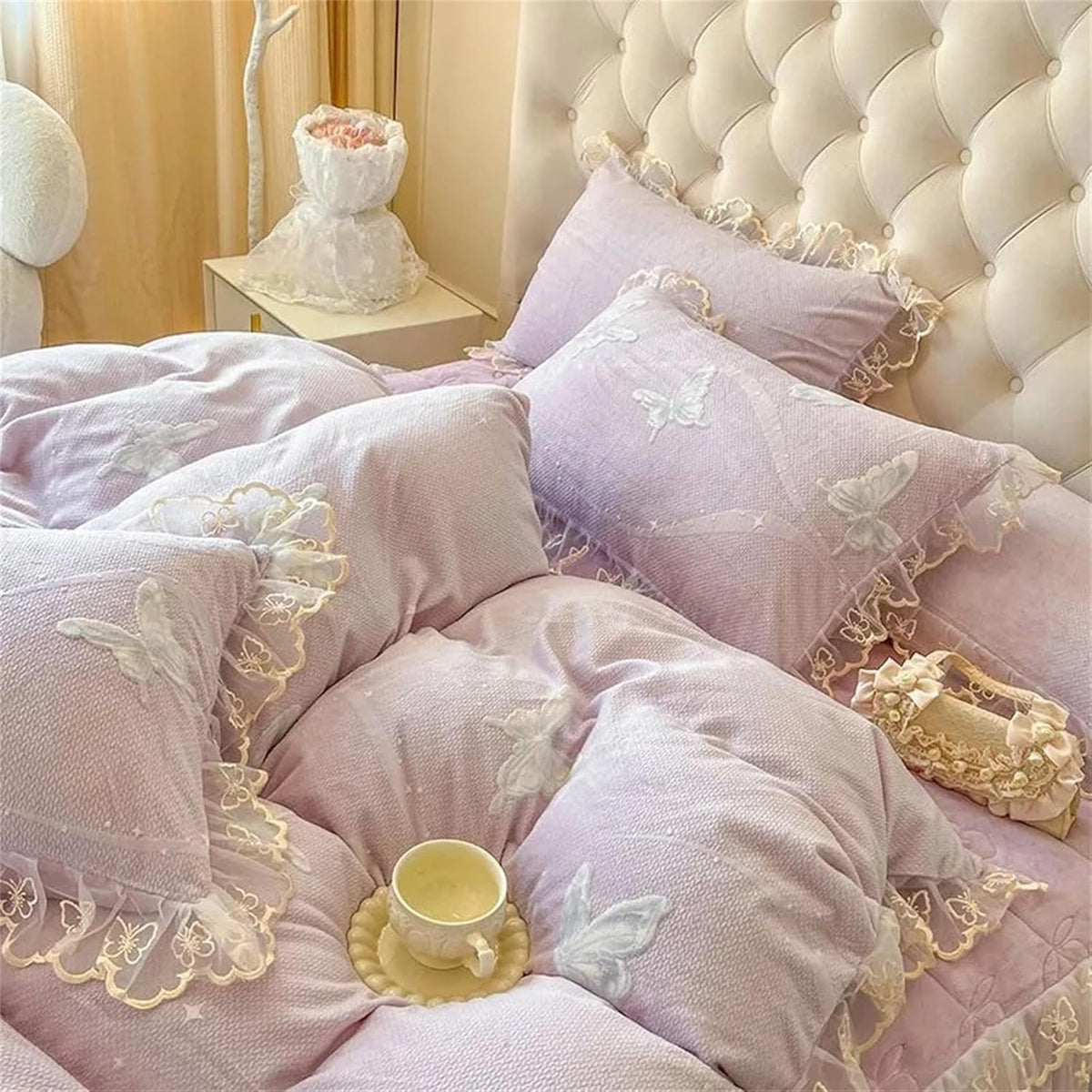 Lace Ruffle Pillow Case, Butterfly Print Velvet Pillow Covers Shams, Ruffled Bedding Pillowcase for Couch Bed Decoration, Set of 2 Standard Size 29" x 19" (Light Pink)