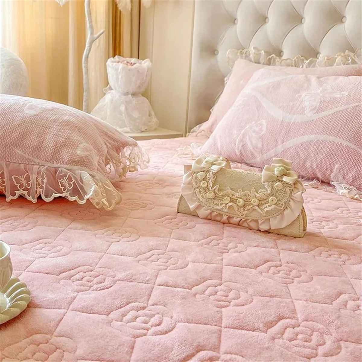 Lace Ruffle Pillow Case, Butterfly Print Velvet Pillow Covers Shams, Ruffled Bedding Pillowcase for Couch Bed Decoration, Set of 2 Standard Size 29" x 19" (Light Pink)