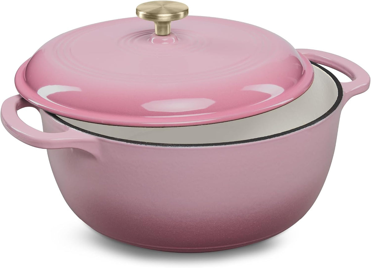 6 Quart Enamel Cast-Iron Round Dutch Oven, Family Style Heavy-Duty Pre-Seasoned Cookware for Home, Kitchen, Dining Room, Oven Safe w/Lid, Dual Handles - Pink Champagne