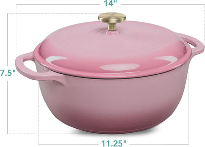 6 Quart Enamel Cast-Iron Round Dutch Oven, Family Style Heavy-Duty Pre-Seasoned Cookware for Home, Kitchen, Dining Room, Oven Safe w/Lid, Dual Handles - Pink Champagne