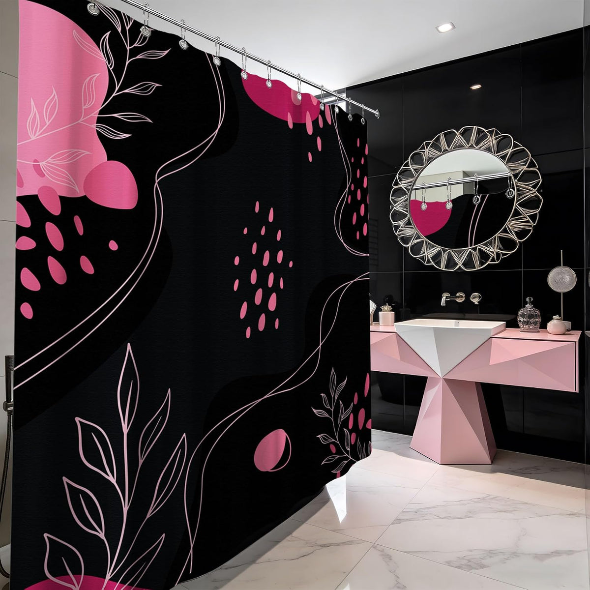 Dark Pink and Grey Shower CurtainMid Century Modern, 70x72 Inchs