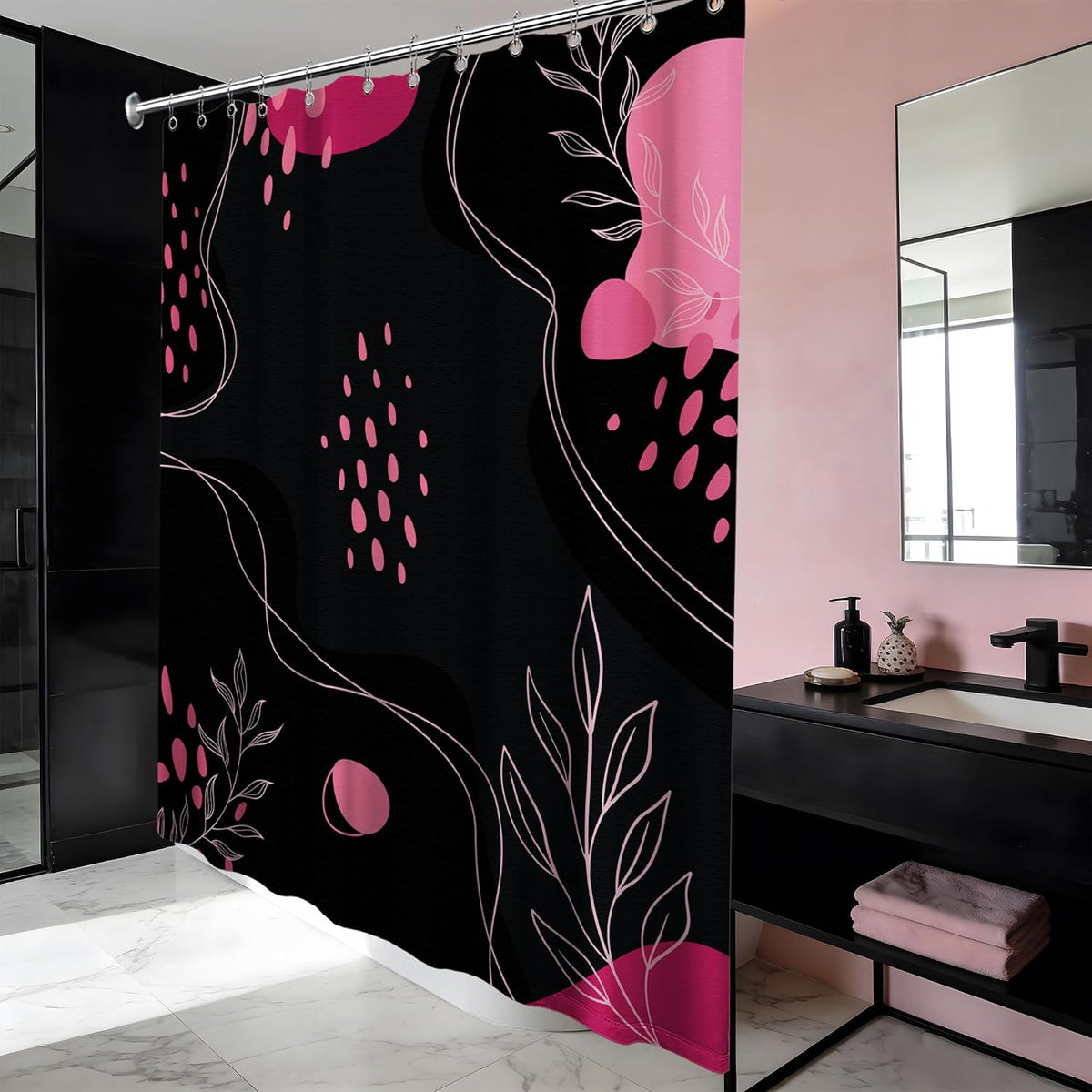 Dark Pink and Grey Shower CurtainMid Century Modern, 70x72 Inchs