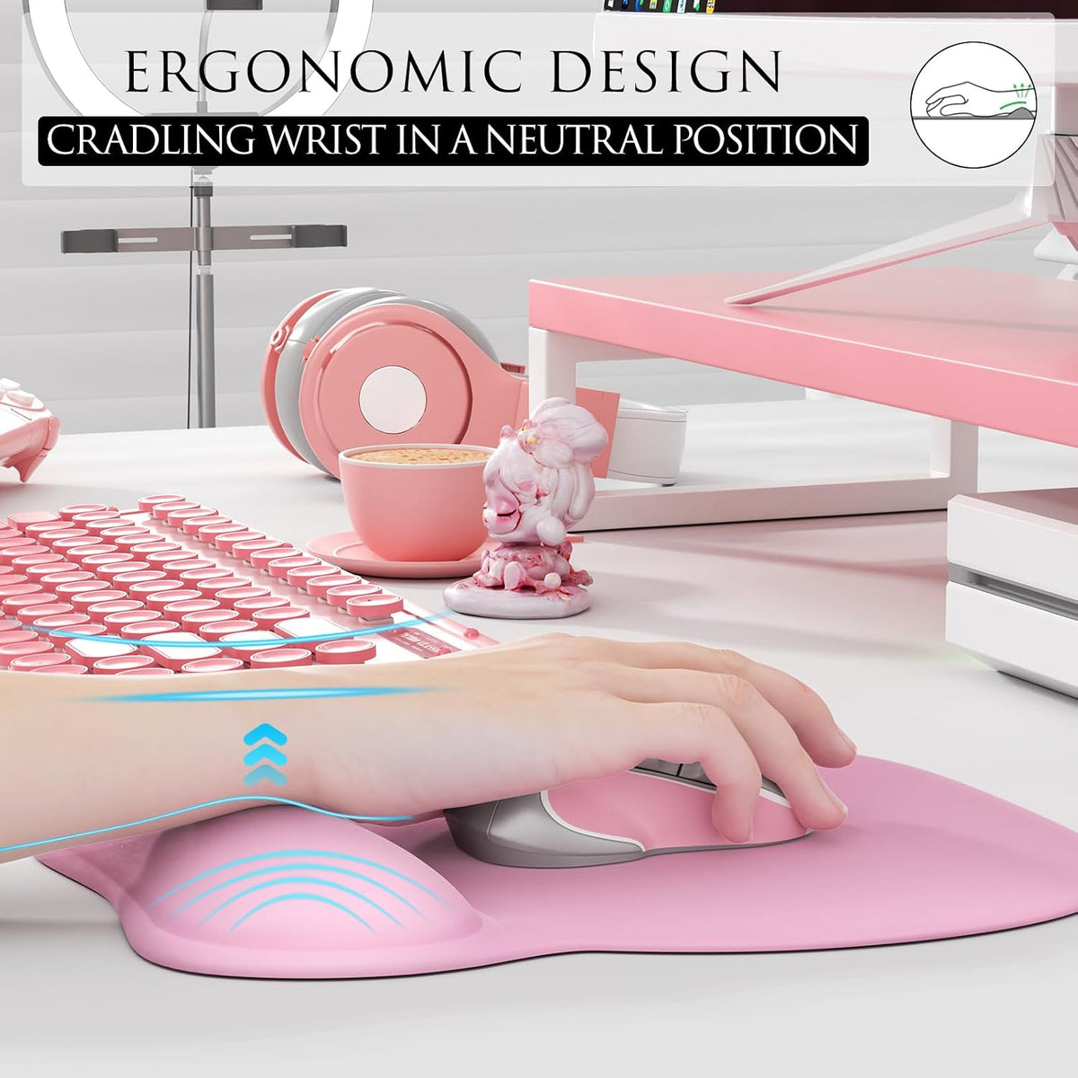 Ergonomic Mouse Pad with Gel Wrist Rest, 9.4 x 8.1 in, Pale Pink