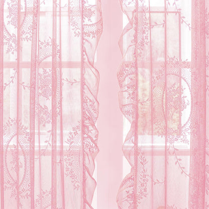 Pink Lace Curtains 63 Inch Length for Bedroom 2 Panels Set Cute Vintage Curtains Sheer Floral Embroidery Ruffled Window Treatment Rod Pocket,52 X 63 Inch,Pink