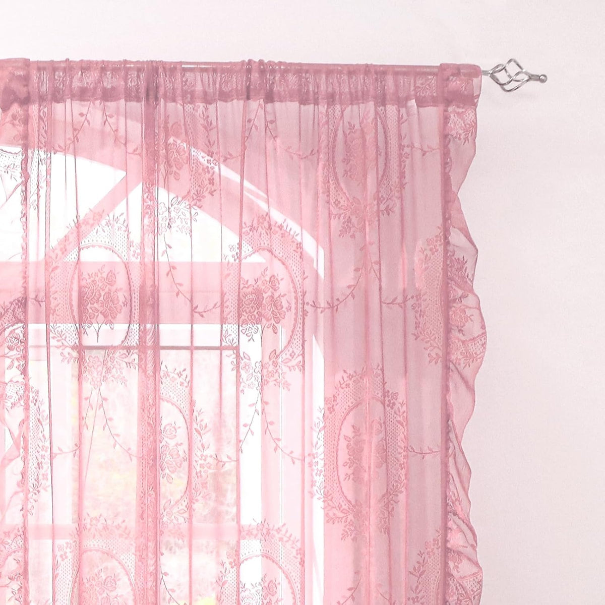 Pink Lace Curtains 63 Inch Length for Bedroom 2 Panels Set Cute Vintage Curtains Sheer Floral Embroidery Ruffled Window Treatment Rod Pocket,52 X 63 Inch,Pink