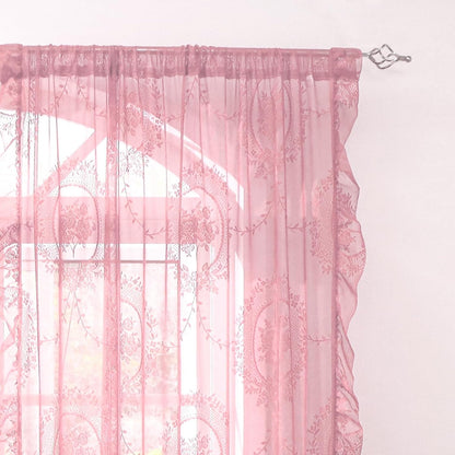 Pink Lace Curtains 63 Inch Length for Bedroom 2 Panels Set Cute Vintage Curtains Sheer Floral Embroidery Ruffled Window Treatment Rod Pocket,52 X 63 Inch,Pink