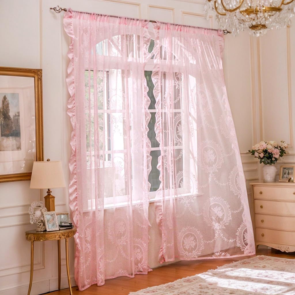 Pink Lace Curtains 63 Inch Length for Bedroom 2 Panels Set Cute Vintage Curtains Sheer Floral Embroidery Ruffled Window Treatment Rod Pocket,52 X 63 Inch,Pink
